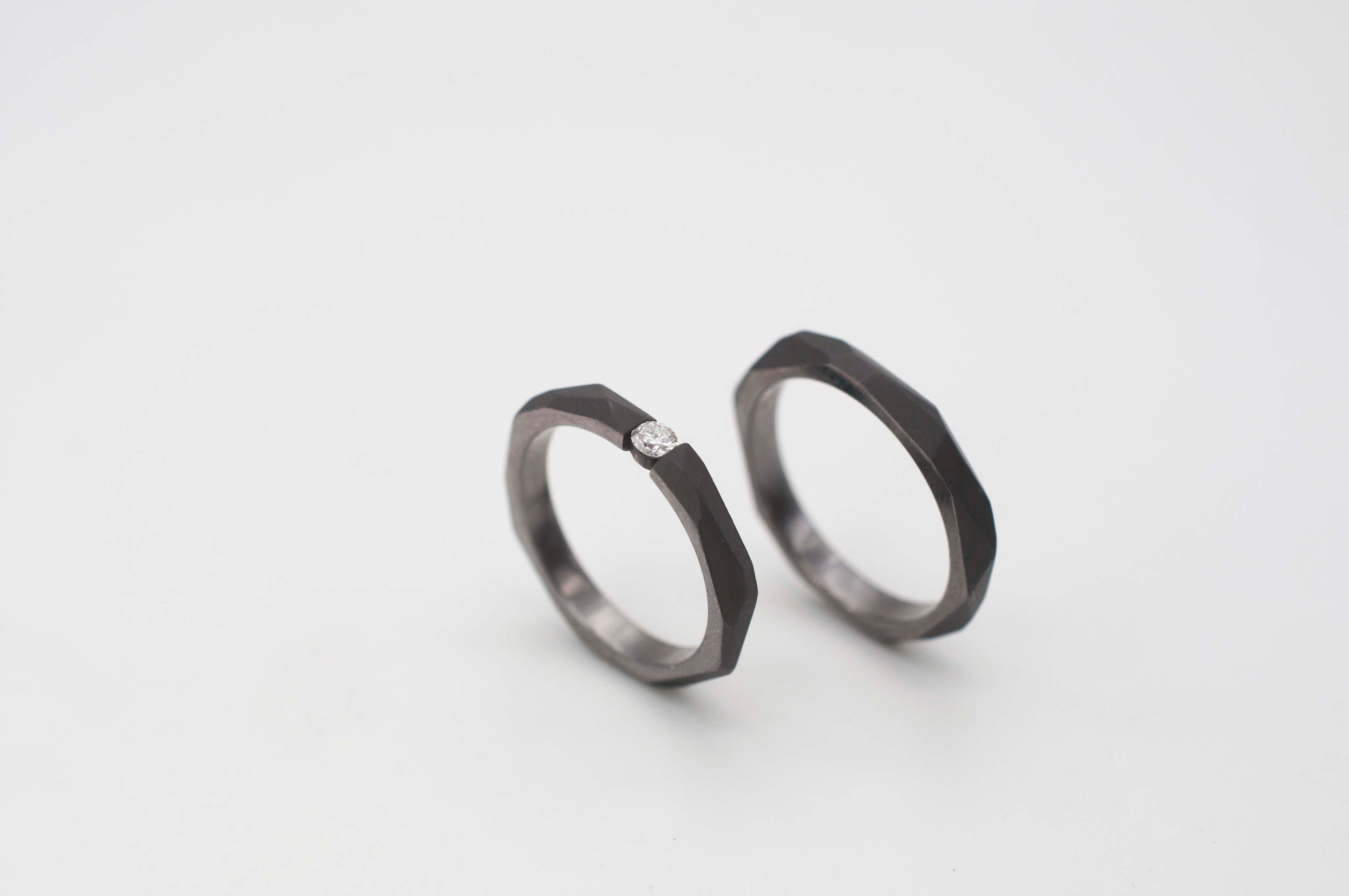 Tantalum wedding rings - mountain range with diamond
